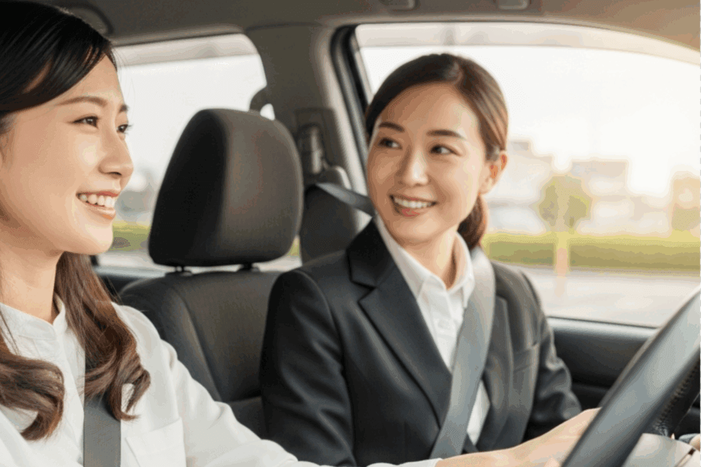 女性専用ペーパードライバースクールの運転練習をしている女性ペーパードライバー。笑顔で運転していてとても楽しそう。