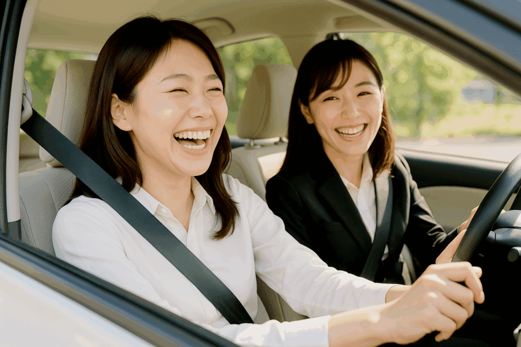 笑顔で運転練習をしている女性ペーパードライバー